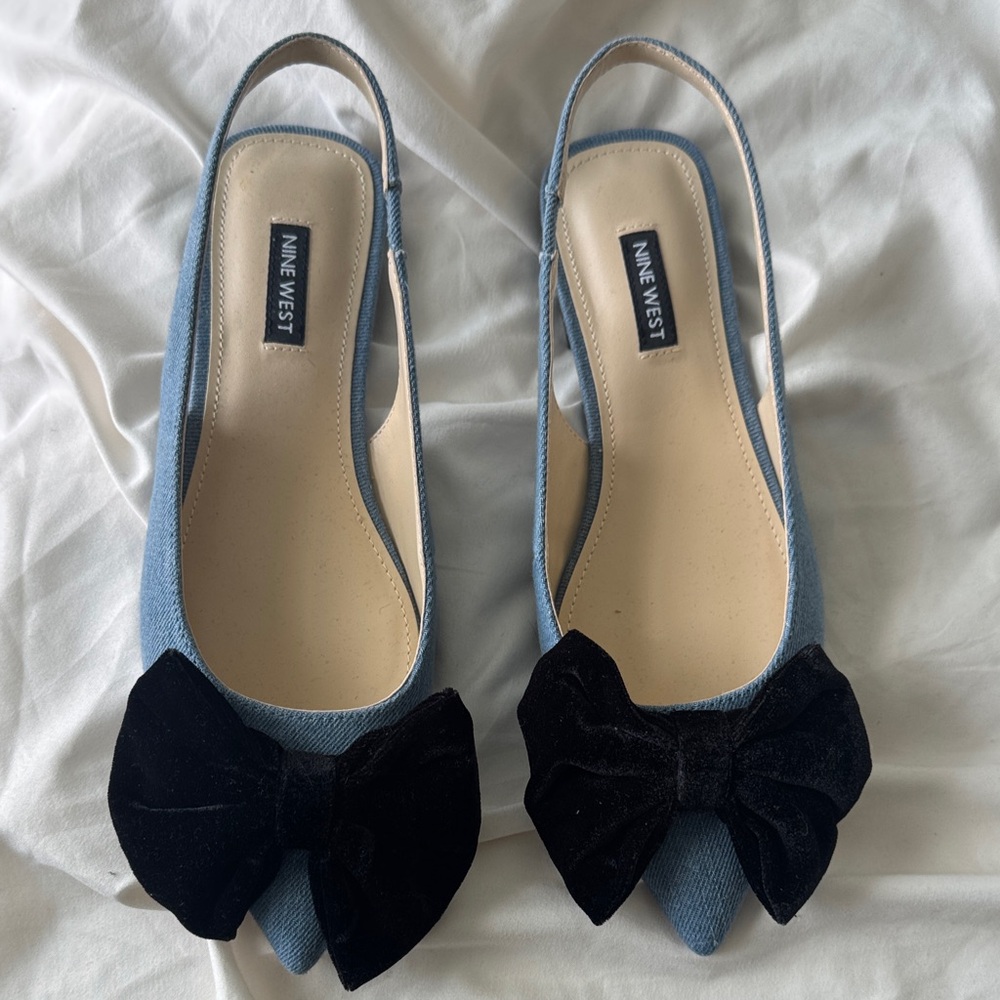 Nine West Denim Blue Slingback Flats with Velvet Black Bow
